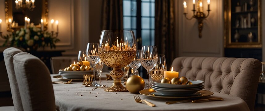 Golden Elegance: A captivating dining table setting with gold accents and flickering candles, evoking an atmosphere of refined luxury and festive warmth.  