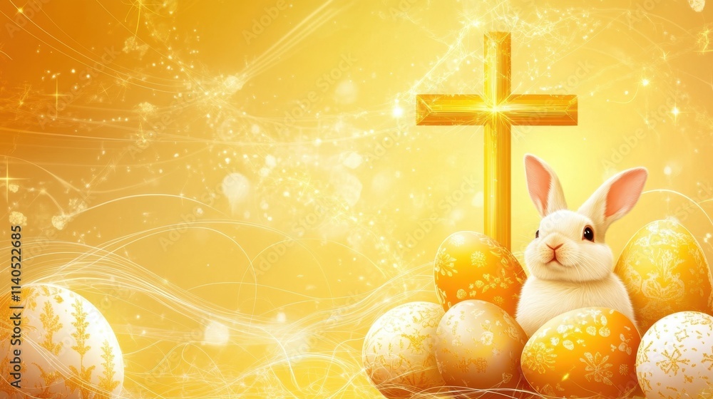 Poster a glowing golden cross and a bunny rabbit surrounded by eggs on a gradient abstract easter backgroun