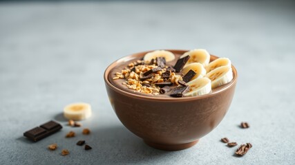 Delicious Chocolate Banana Bowl with Granola and Chocolate Pieces
