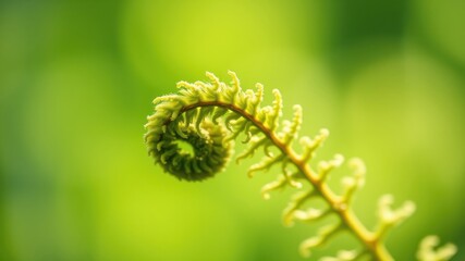 Fototapeta premium A vibrant young fern unfurls in the sunlight, showcasing its delicate, spiraling fronds against a soft, green backdrop.