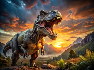 Majestic Dinosaur Landscape: Prehistoric Creature in Epic Scenery, Jurassic Park Style Photo