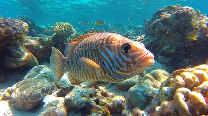 Colorful fish swimming through vibrant coral reefs in a tropical underwater environment