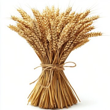 Rustic bundle of golden wheat stalks tied with twine displayed against a clean white backdrop