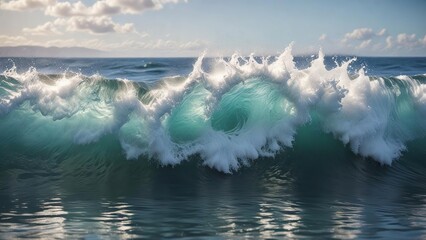 Gentle ocean wave with foamy white bubbles rises from the surface, scenery, ocean waves