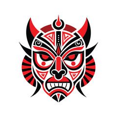 Colorful Tribal Mask Illustration - Bold Red, Black, and White Geometric Art with Cultural Patterns