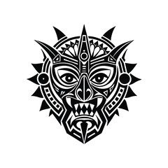 Tribal Mask Illustration - Black and White Intricate Line Art with Geometric Patterns and Bold Design