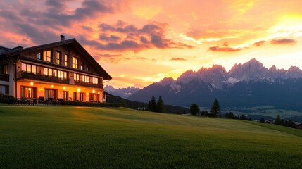 Serene Mountain Lodge at Sunset with Vibrant Sky and Scenic Landscape
