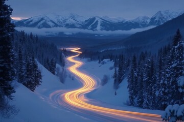 Light trails illuminate a winding road cutting through a snowy landscape at twilight in kananaskis country, alberta, canada, with snow-capped mountains and pine trees creating a serene winter scene