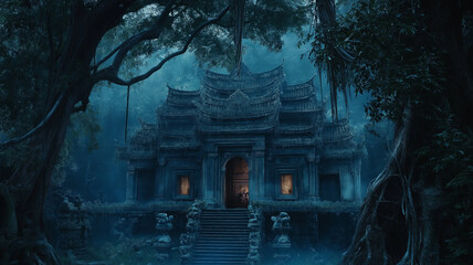 Fototapeta premium Ancient Temple in a Mystical Jungle at Night. Concept of Mystery, Adventure