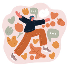 Cartoon vector illustration of a happy woman running, symbolizing joy, freedom, and positive energy.