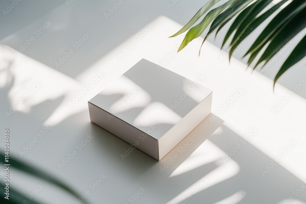 Poster minimal packaging design illuminated by soft sunlight through lush greenery. generative ai