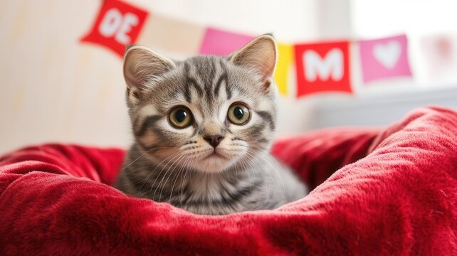 A Scottish Fold kitten with folded ears, nestled in a plush red pillow with a banner in the background