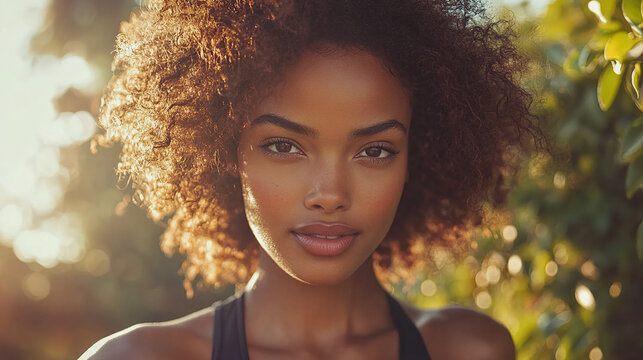 Closeup portrait of the beautiful young african american woman with curly hair jogging or walking outdoors on a sunny summer day, wearing a black fitness smartwatch device around the wrist, health.