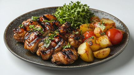 Grilled chicken meat, potatoes, tomato and green salad vegetables on a plate isolated on white background. restaurant lunch or dinner meal, delicious gourmet cuisine.