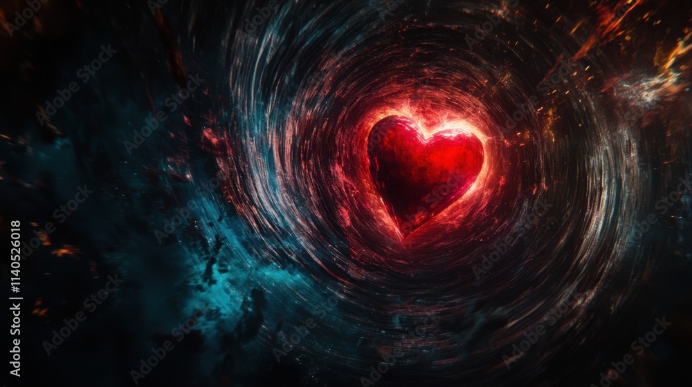Poster a glowing red heart in the center of an abstract vortex of light and color, symbolizing the depth of