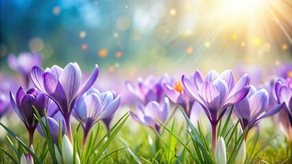 Fototapeta premium Spring background with lilac crocuses from a low angle view
