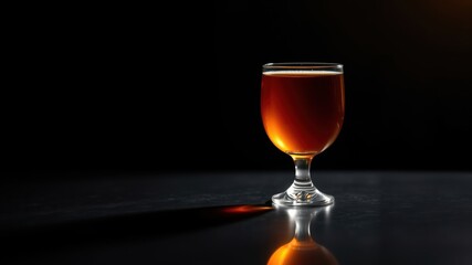 A single glass of amber liquid on a dark surface illuminated by a subtle light source