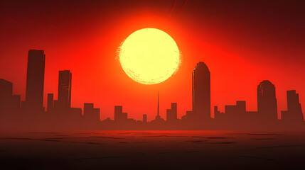 Obraz premium Red Sunset Cityscape Illustration