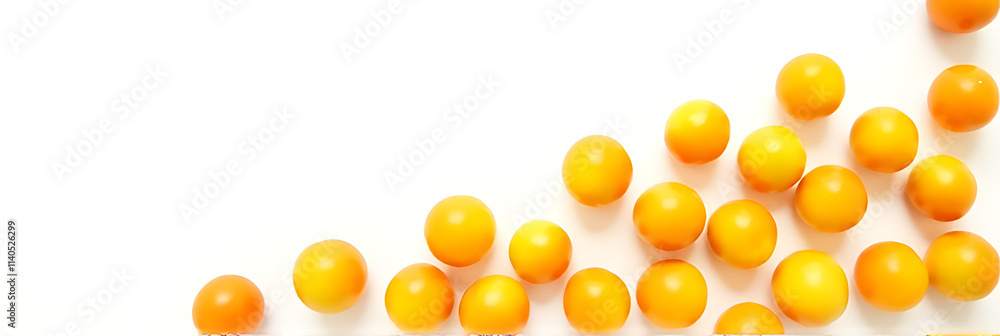 Aufkleber Yellow cherry tomatoes are arranged in a diagonal pattern on a white background to create a minimalist design._00003_