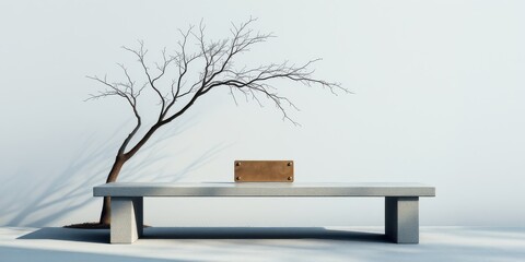 Serene Minimalist Scene  Stone Bench, Leafless Tree, Blank Plaque