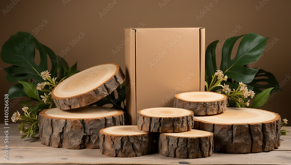 Poster Wooden tree stumps are used to create visually appealing displays and backgrounds for packaging design in natural and rustic concepts settings._00001_