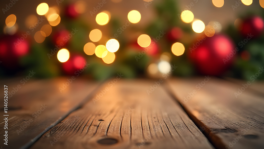 Poster wooden table blurred by festive christmas decorations and lights in a soft, selective focus photo wi