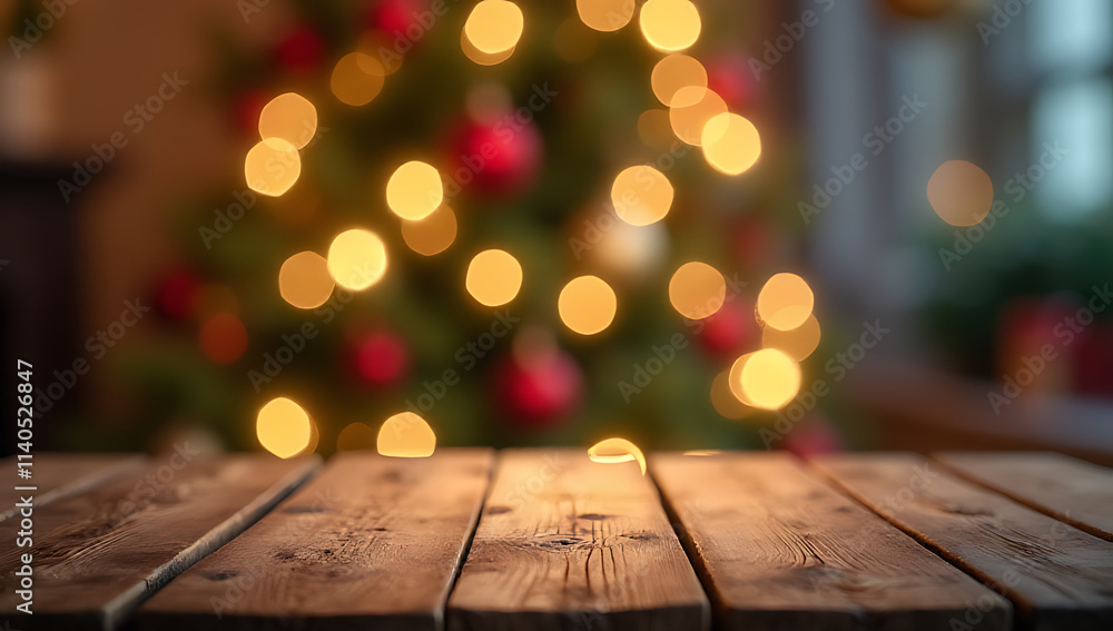 Poster wooden table blurred by festive christmas decorations and lights in a soft, selective focus photo wi