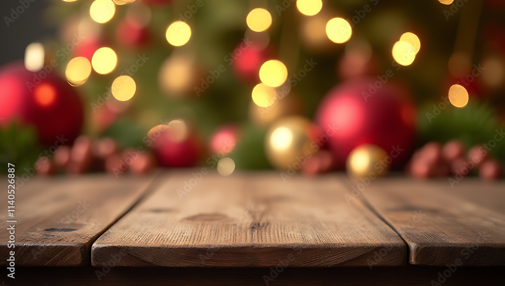 Poster wooden table blurred by festive christmas decorations and lights in a soft, selective focus photo wi