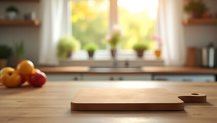 Wooden countertop with a cutting board has a blurred kitchen scene through a morning window in the background._00004_