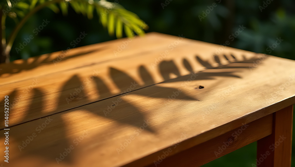 Aufkleber Wood table features a natural palm leaf shadow texture on its countertop in a warm and moody summer setting._00004_