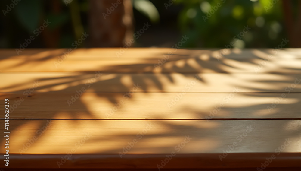 Aufkleber wood table features a natural palm leaf shadow texture on its countertop in a warm and moody summer 