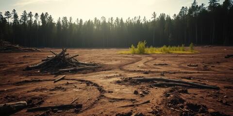 Fototapeta premium Cleared Forest Land Showing the Aftermath of Logging and Reforestation