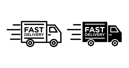 Fast delivery truck Icons pack in outlined and flat versions