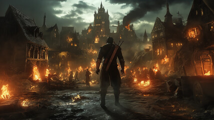 Medieval warrior overlooking burning city. Concept of war, destruction, apocalypse.