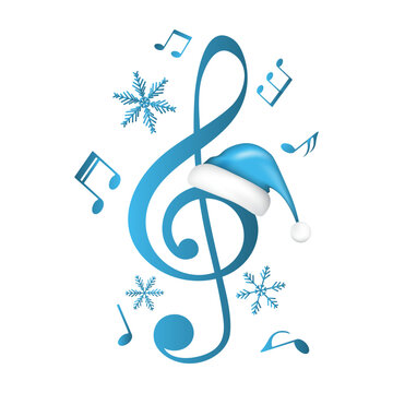 Blue music notes, snowflakes and treble clef with Santa hat, vector illustration.