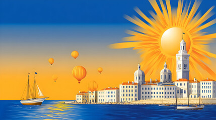 Coastal Town Sunset Illustration