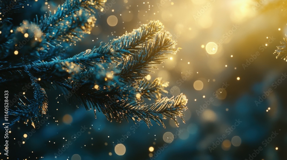Poster frosted pine branches with soft bokeh and glowing light effects
