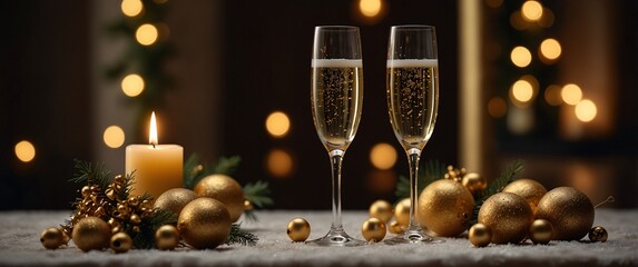 Golden Celebration: Two Champagne Flutes Toast to the New Year. Festive décor, candlelight, and bokeh create a luxurious ambiance. 