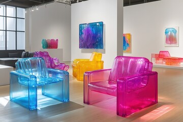 Colorful transparent chairs in modern art gallery interior