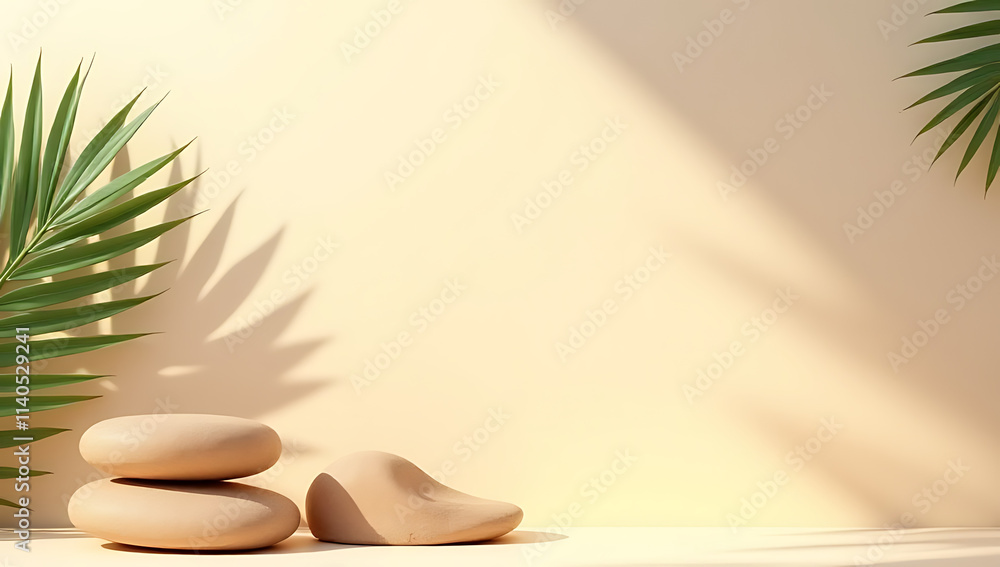 Poster tropical design features a sandstone product display with palm leaf shadows against a soft pastel co