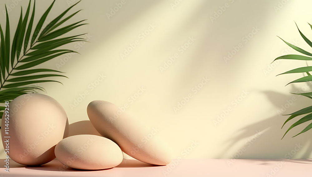 Poster tropical design features a sandstone product display with palm leaf shadows against a soft pastel co