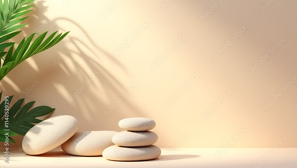 Poster tropical design features a sandstone product display with palm leaf shadows against a soft pastel co