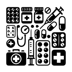 Medication Icon Hand drawn illustration black and white