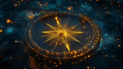 Golden compass in a cosmic scene. Concept of navigation, exploration, and guidance.