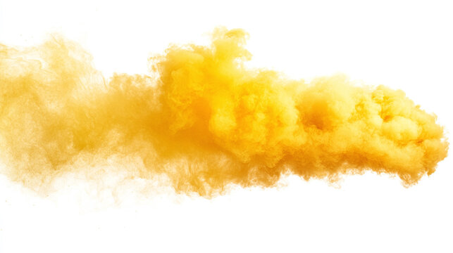 Isolated yellow smoke swirl with a smooth, flowing texture. this abstract design creates a dynamic cloud effect, bright powder on white background, adding a touch of misty elegance.