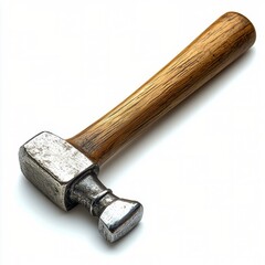 Solid steel hammer with a wooden handle resting on a neutral background