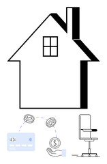 House outline with window and chimney, credit card, hand receiving coins, and office chair. Ideal for banking, real estate, home office, finance transactions furniture investments. Line metaphor
