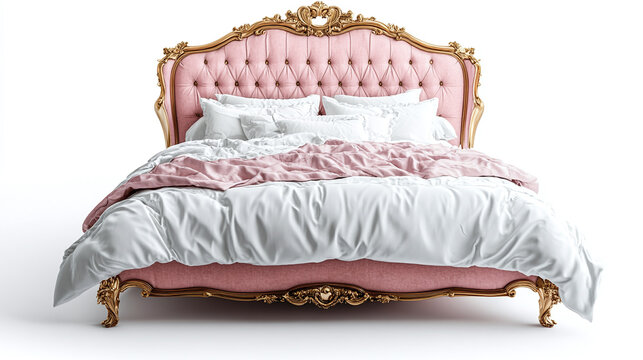 Luxury victorian royal pink princess bed with white pillows, isolated object on white background.