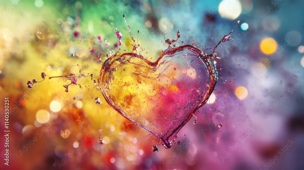 Poster a heart shape appearing within a burst of colorful ink splashes, surrounded by delicate glowing boke