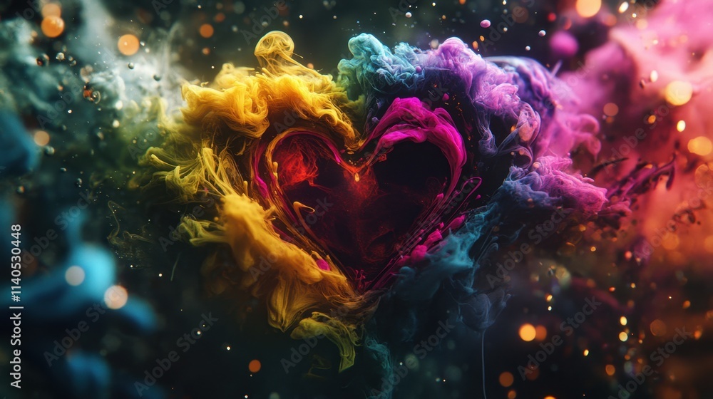 Aufkleber a heart shape appearing within a burst of colorful ink splashes, surrounded by delicate glowing boke